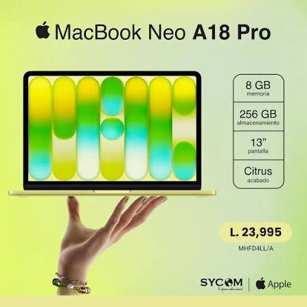 PORTÁTIL APPLE MACBOOK NEO 13" A18 PRO CHIP 6‑CORE CPU 5‑CORE GPU 8GB RAM 256GB SSD CITRUS, vista 4